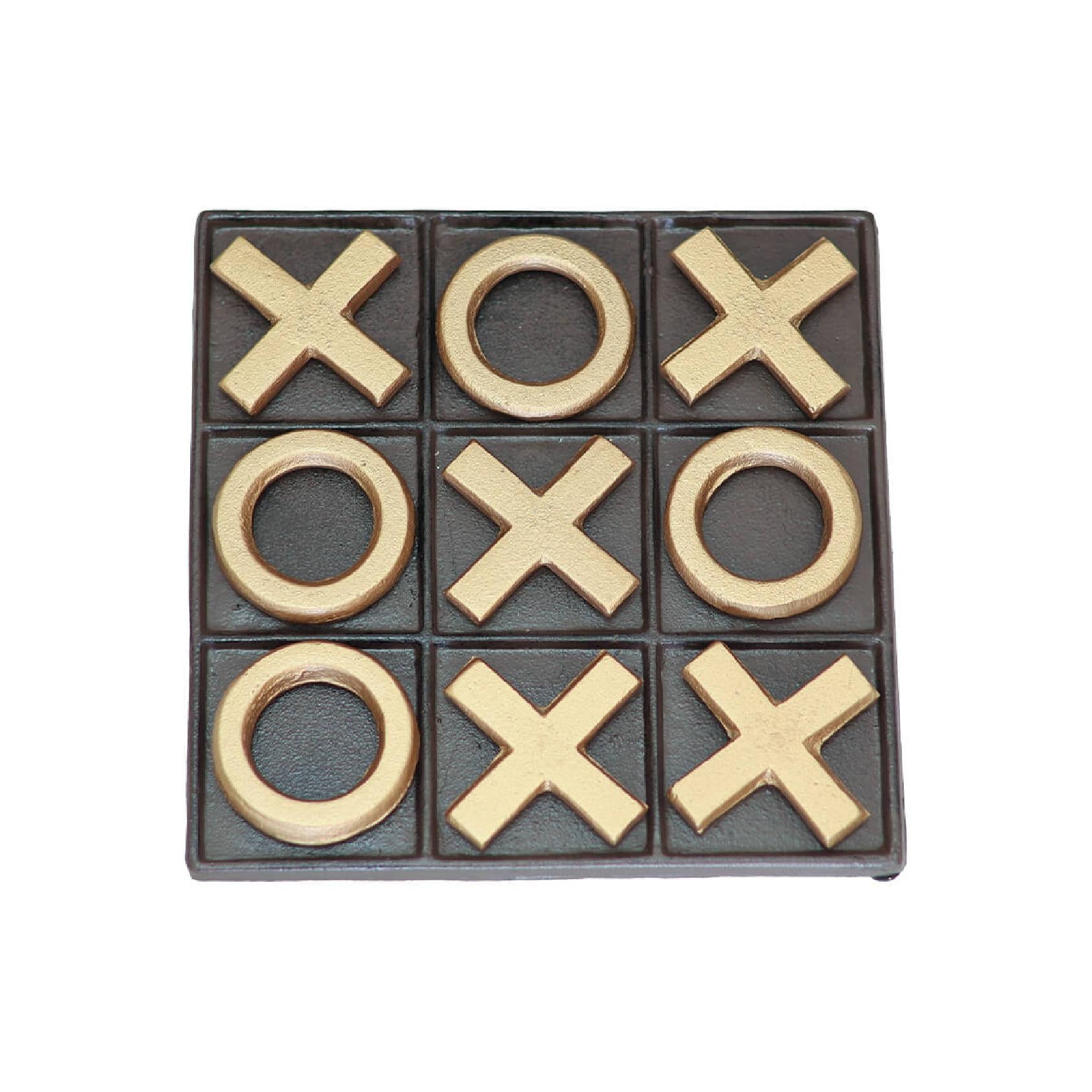 A 3x3 tic-tac-toe game board with a dark charcoal grey background and raised metallic gold 'X' and 'O' pieces