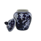 Ceramic jar with blue floral pattern and lid