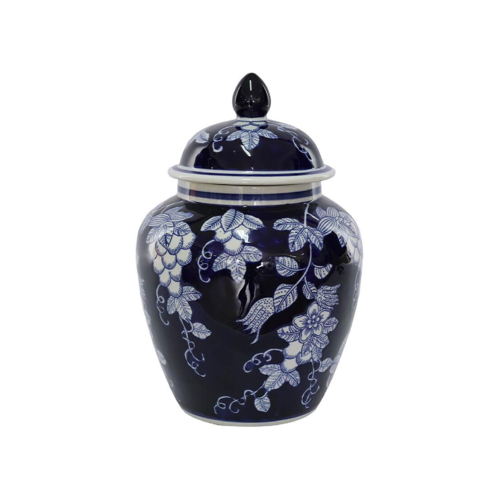 Ceramic jar with blue floral pattern and lid