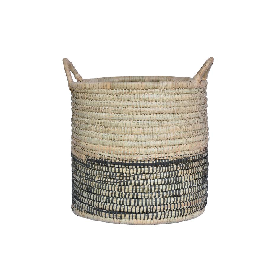 Natural woven storage basket with black detailing and handles