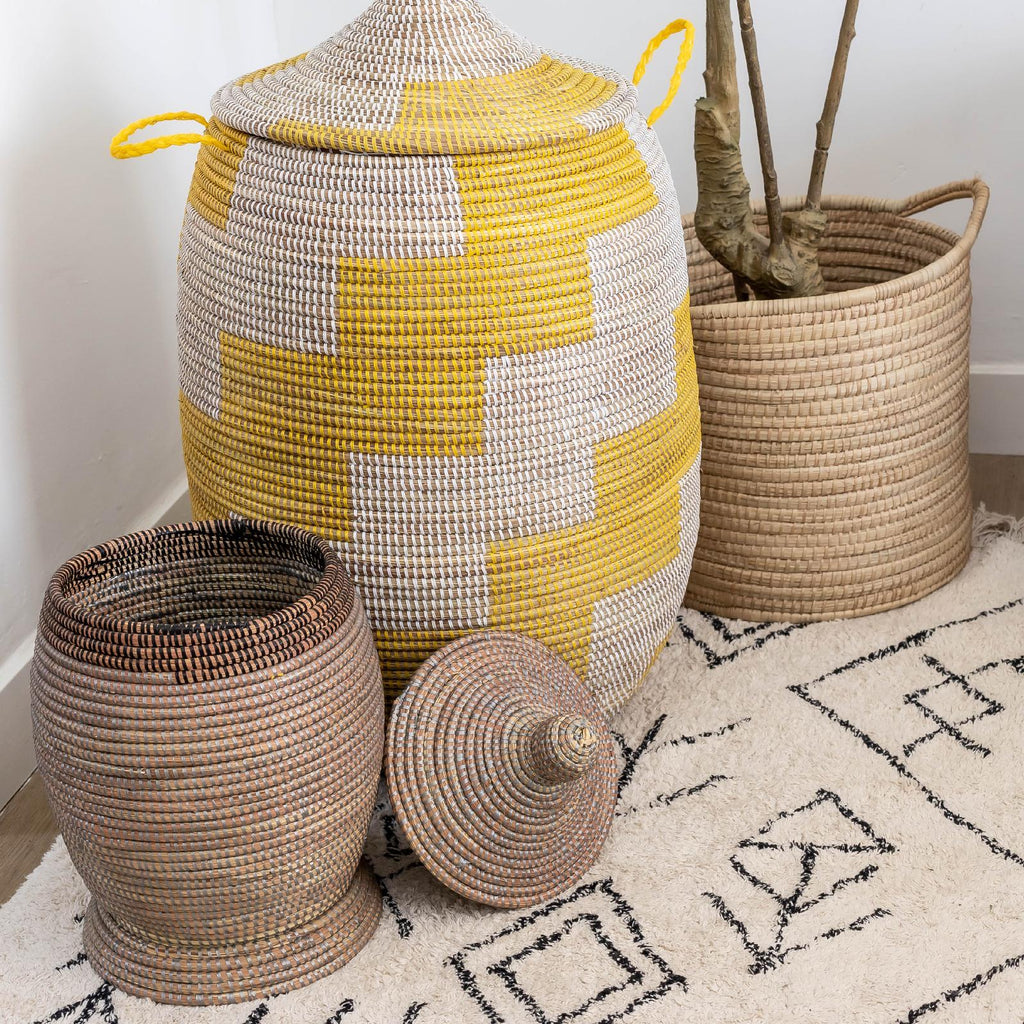 Woven natural storage basket styled