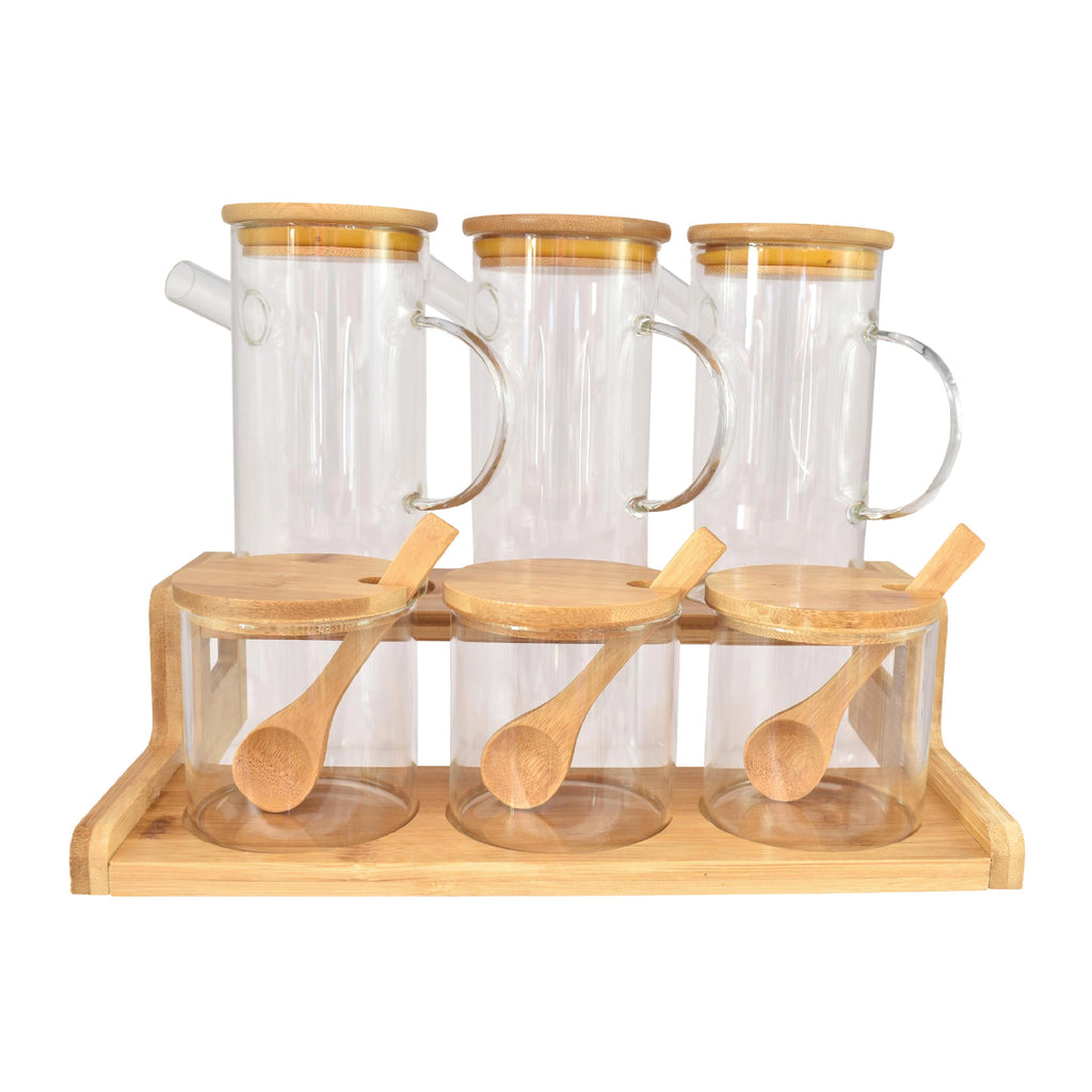 Bamboo storage set with oil dispensers, glass jars and a bamboo stand