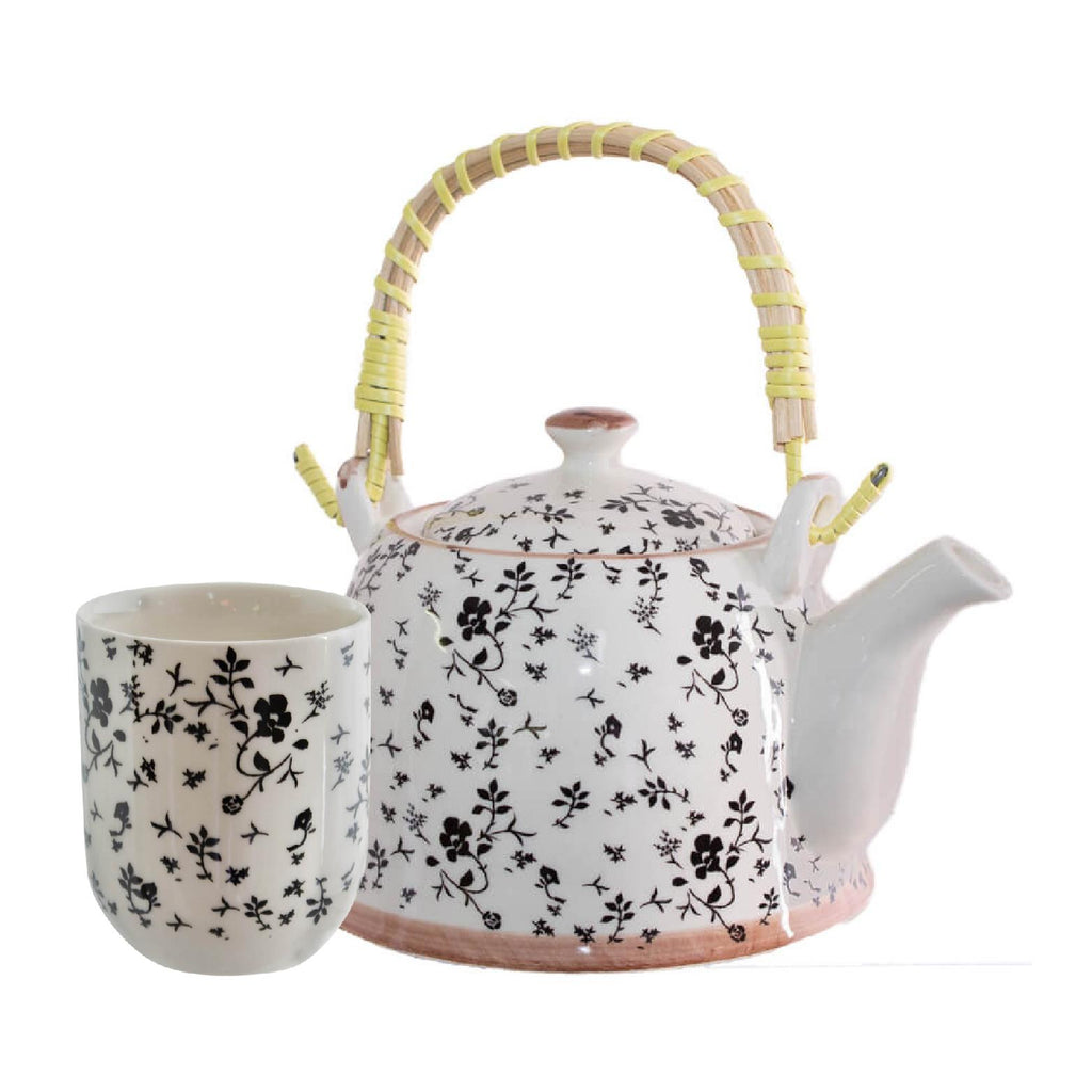 White and black floral ceramic teapot set (including four teacups)
