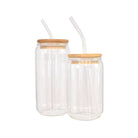 Set of two borosilicate soda can glasses with glass straws & bamboo lids
