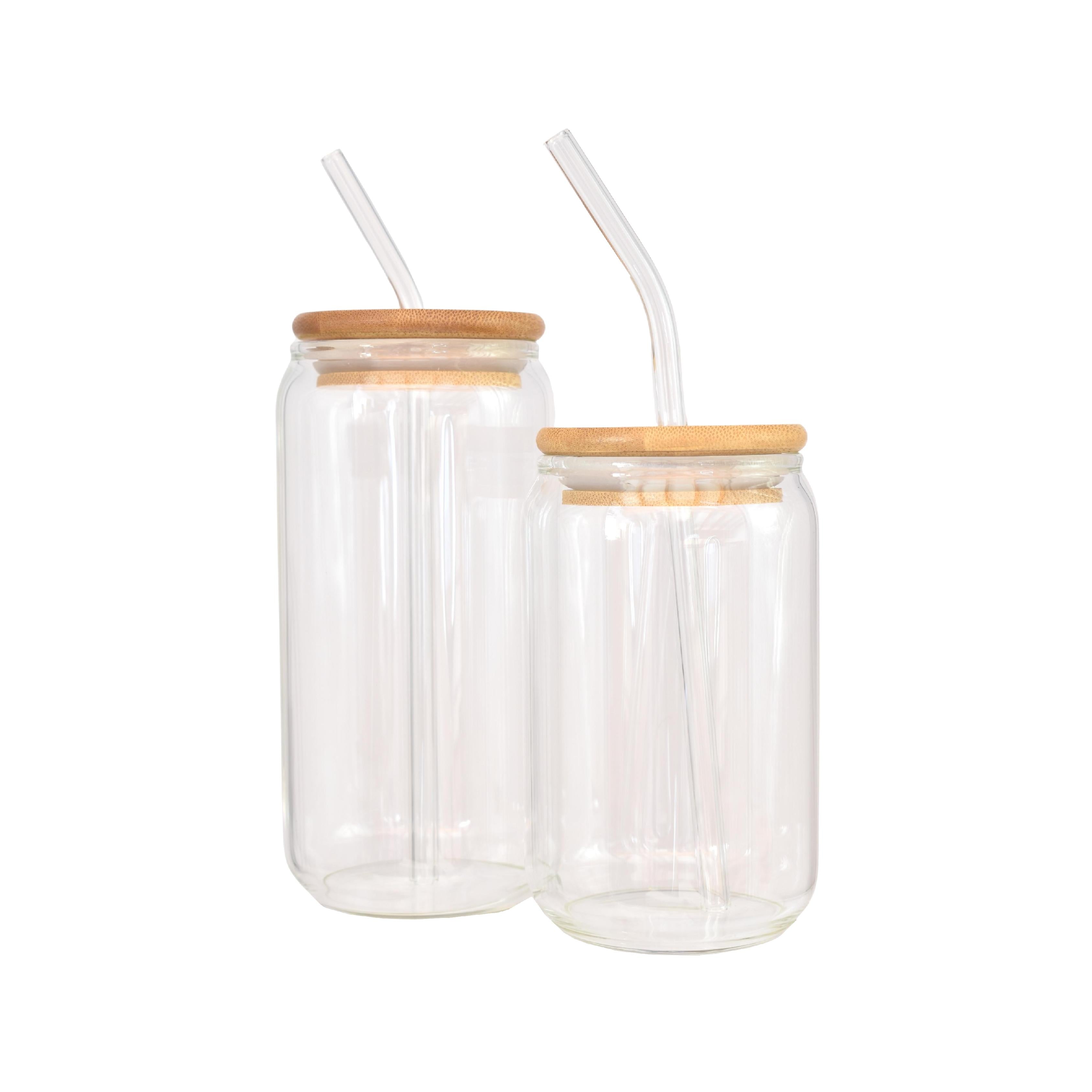 Set of two borosilicate soda can glasses with glass straws & bamboo lids