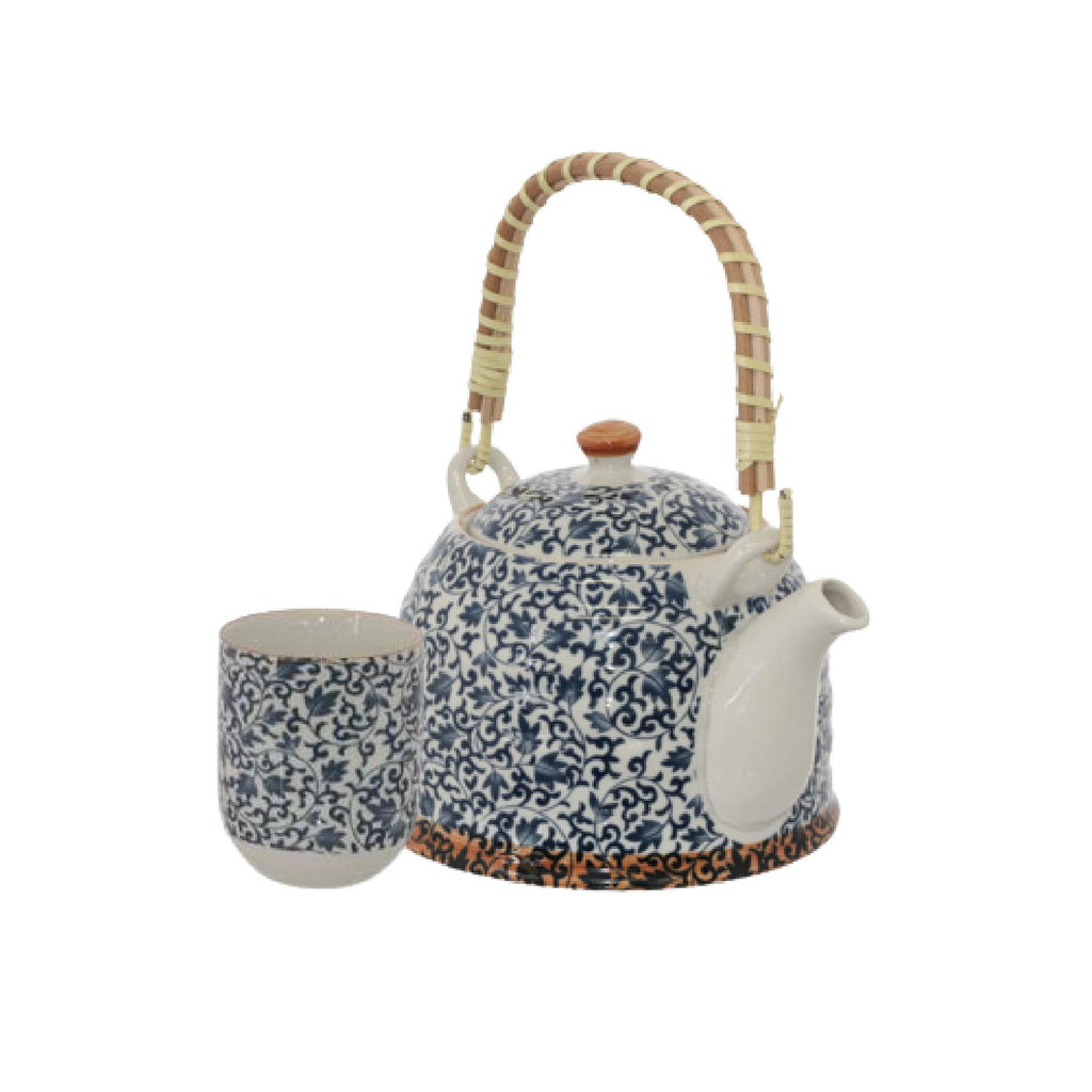 Ceramic white and blue teapot set with ceramic tea cups