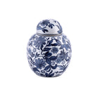 Glossed blue & white ceramic ginger jar with floral pattern & removable lid