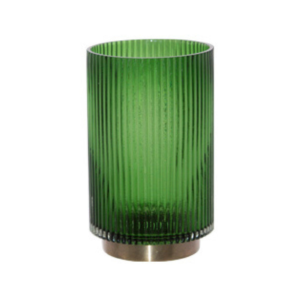 Emerald green ribbed glass vase with gold base