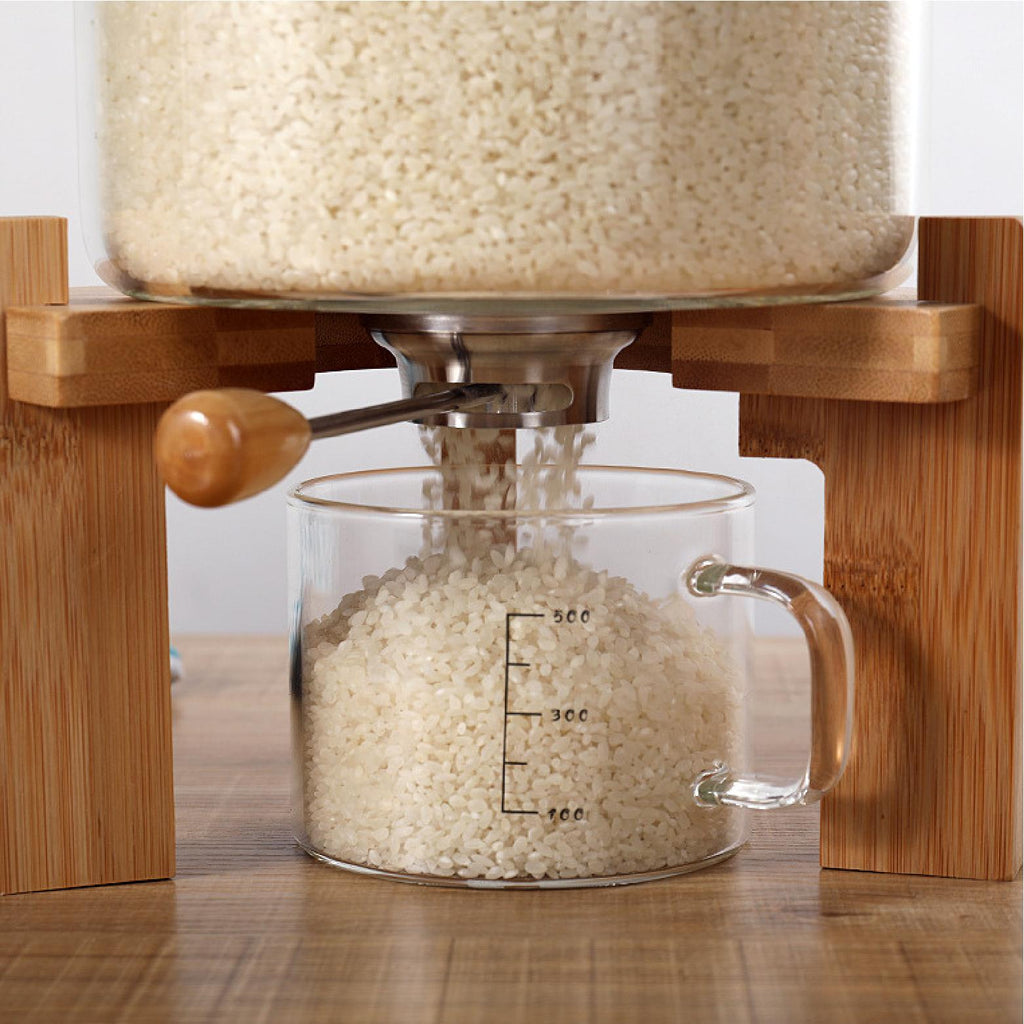 5 liter glass grain dispenser with a bamboo stand