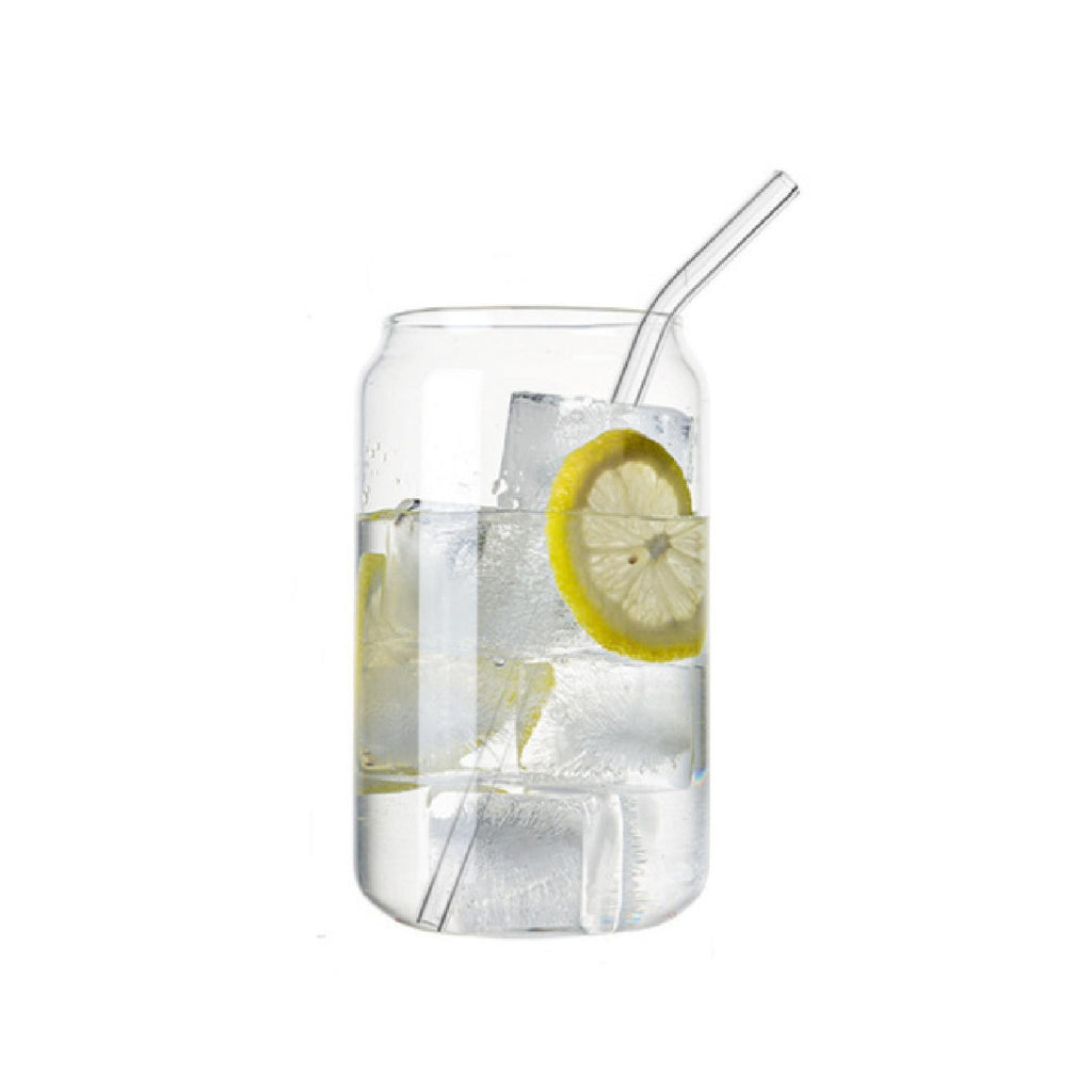 Glass can shaped drinking glass with glass straw