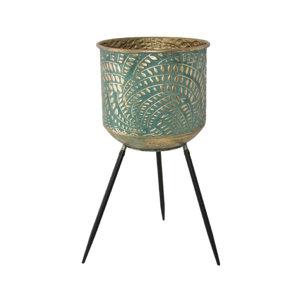 Decorative metal green and gold pot plant with stand