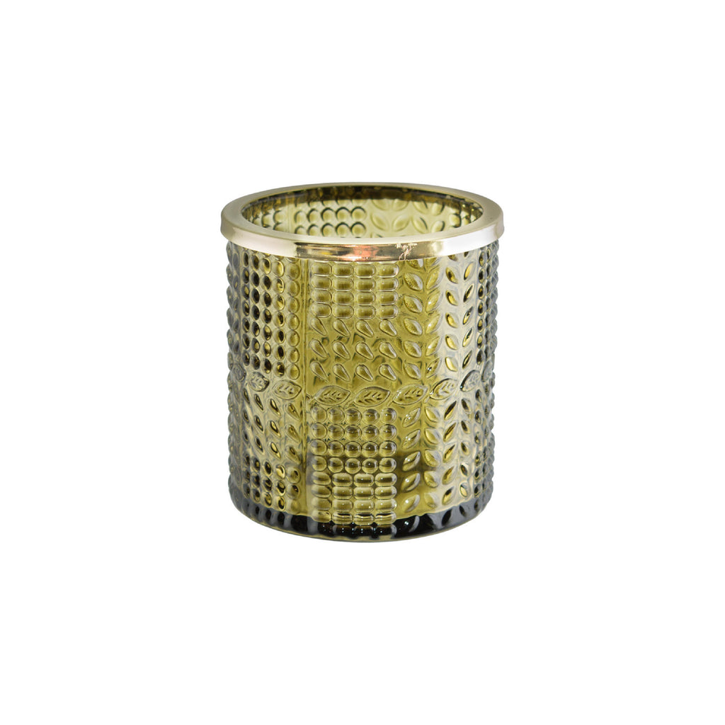 Green textured glass votive with a decorative gold metal rim