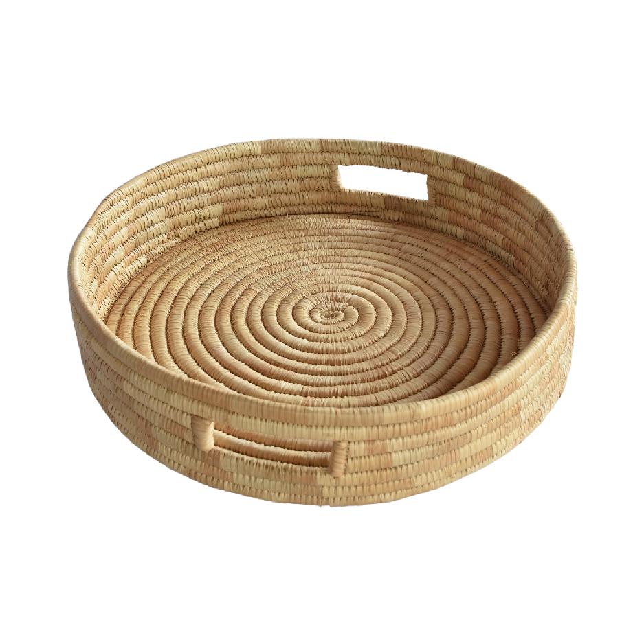Round woven tray with handles