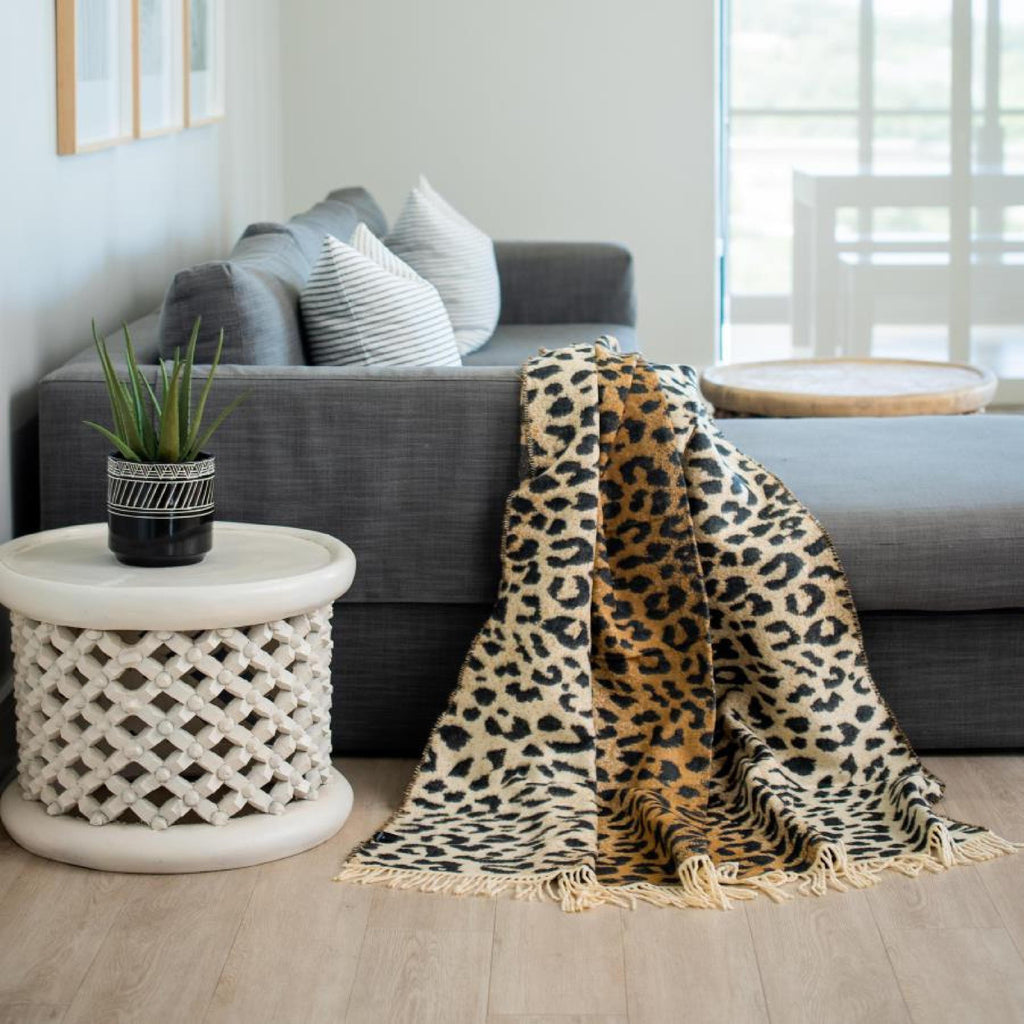 Leopard skin ivory and black luxury throw