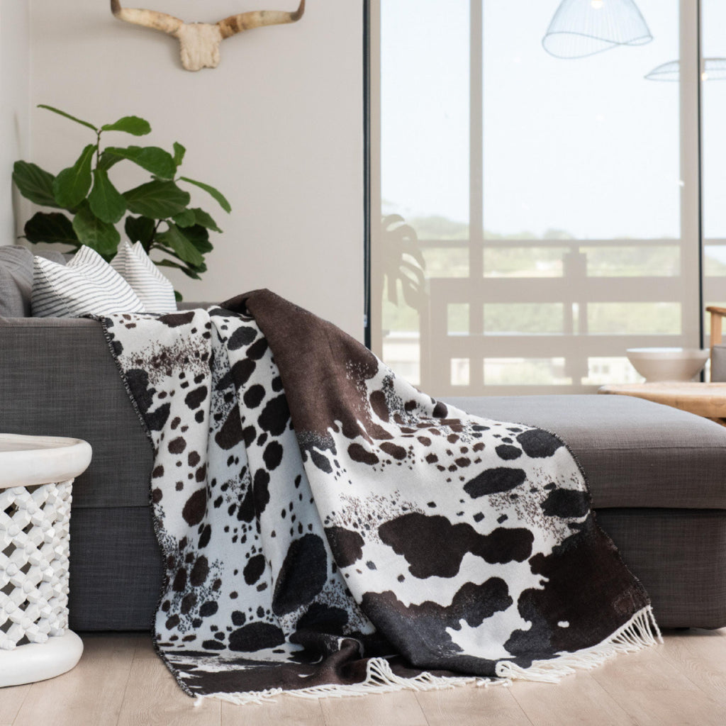 Faux nguni skin ivory and black acrylic woven throw