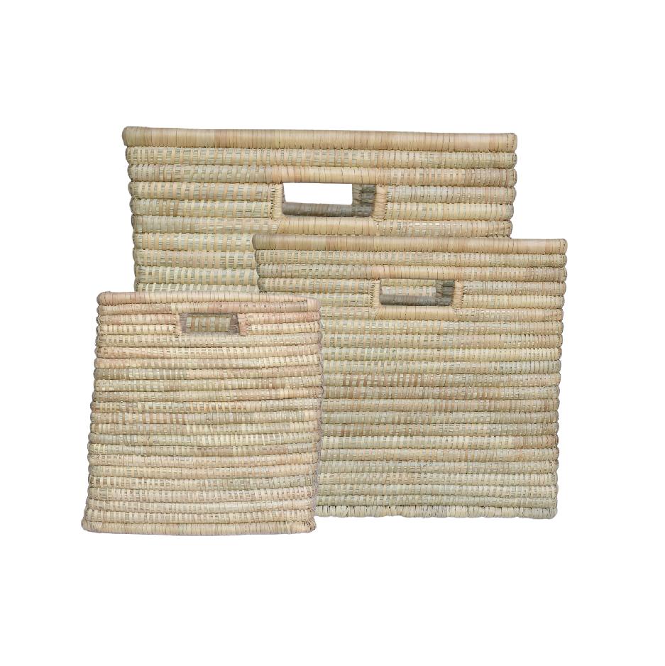 Set of three natural woven storage basket with handles