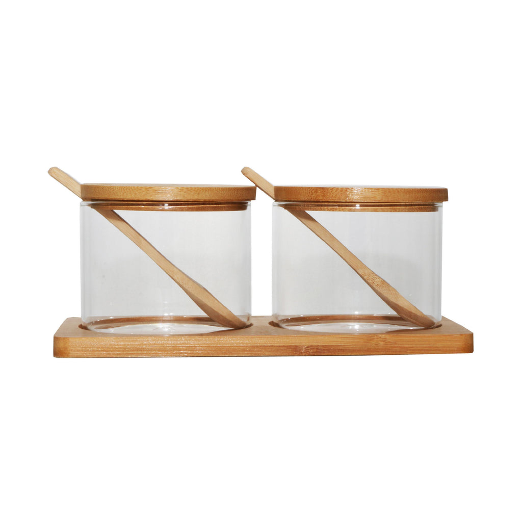Glass storage jar set with bamboo lids, spoons and a bamboo tray