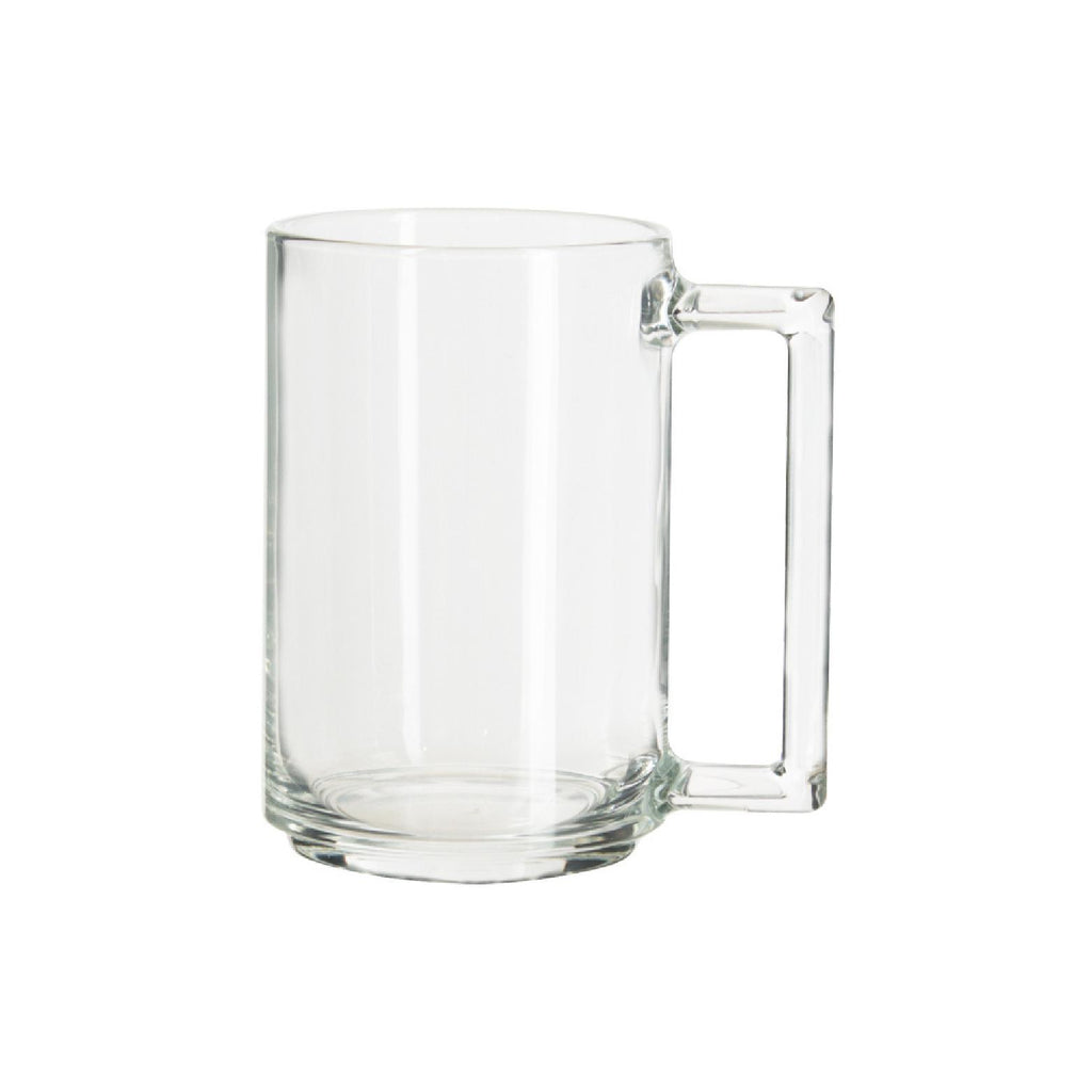 Structured clear glass mug with square handle