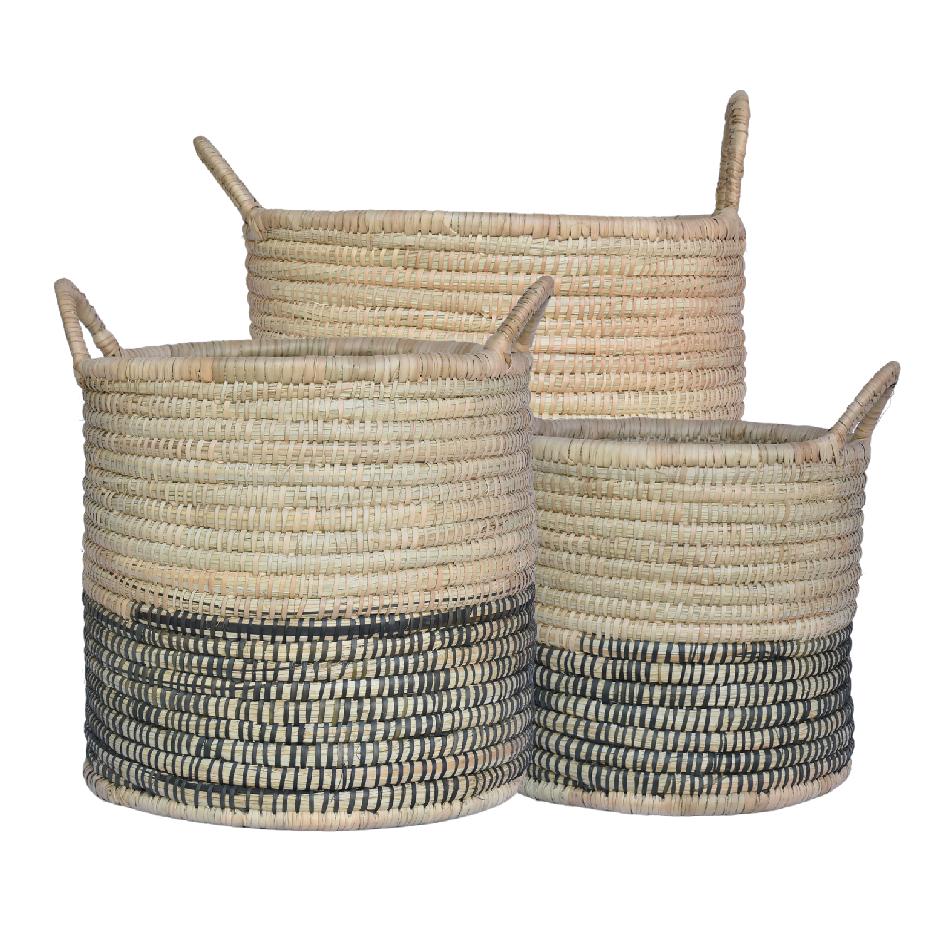 Set of 3 natural woven storage basket with black detailing and handles