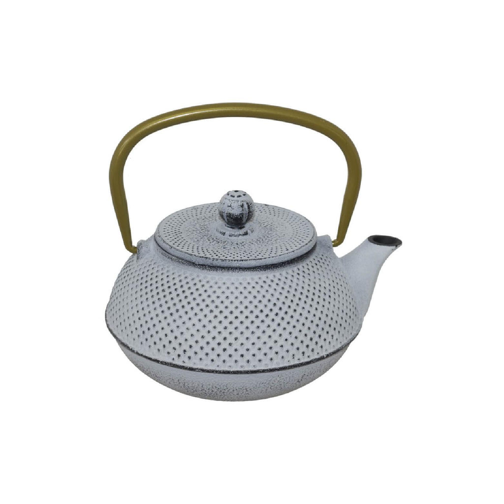 White cast iron teapot with stainless steel infuser