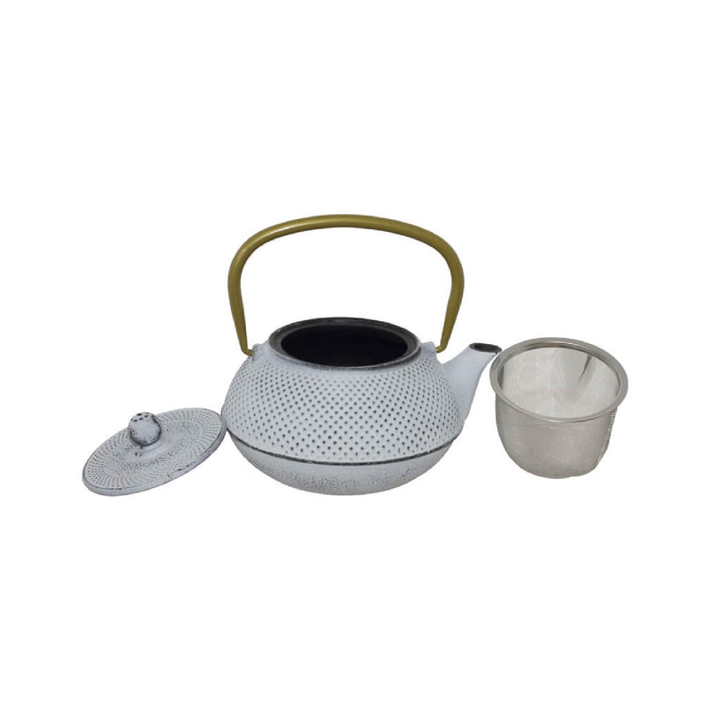 White cast iron teapot with stainless steel infuser