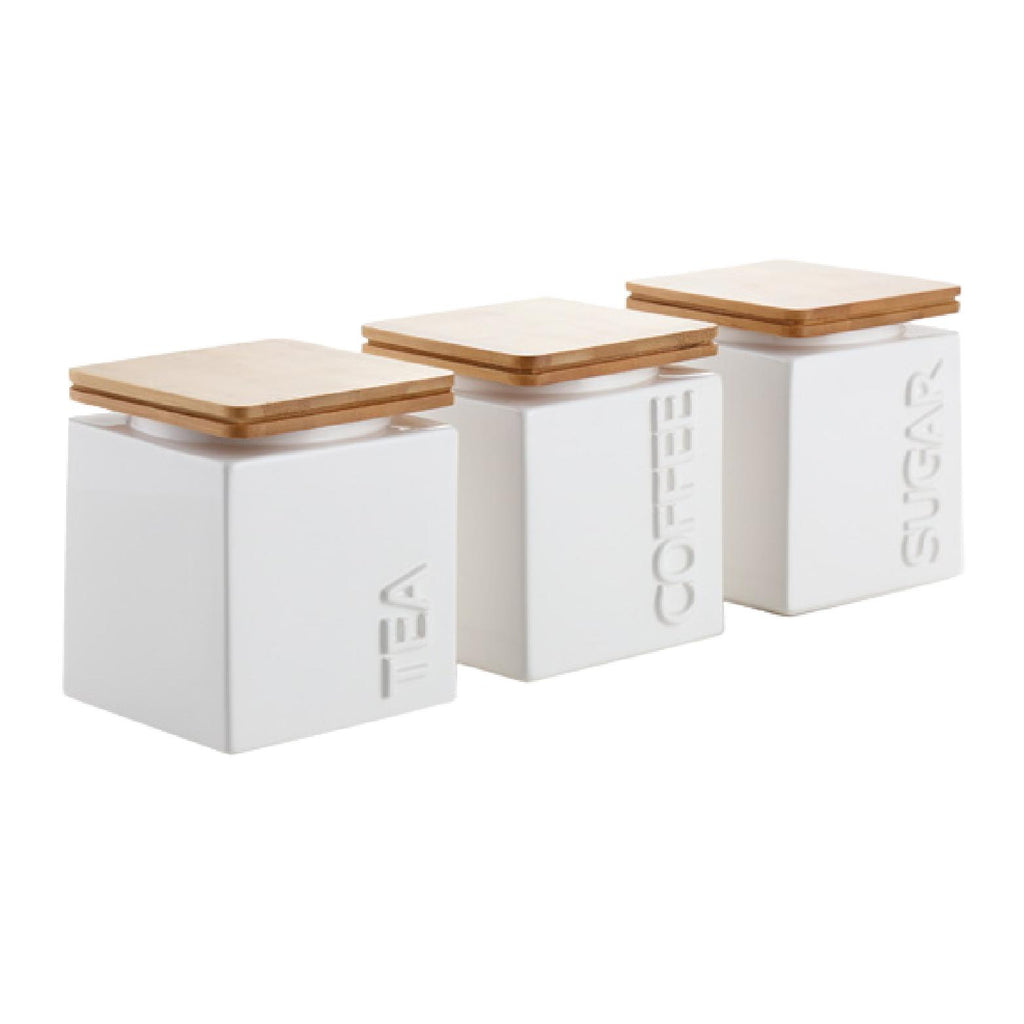 White ceramic tea coffee sugar airtight storage canisters with wooden lids